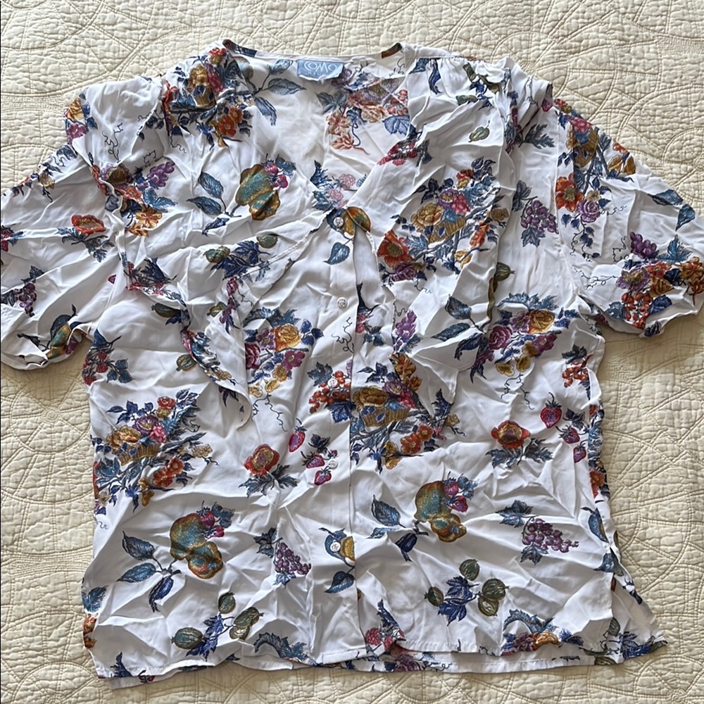 Vintage Floral and Fruit Button-Up Blouse